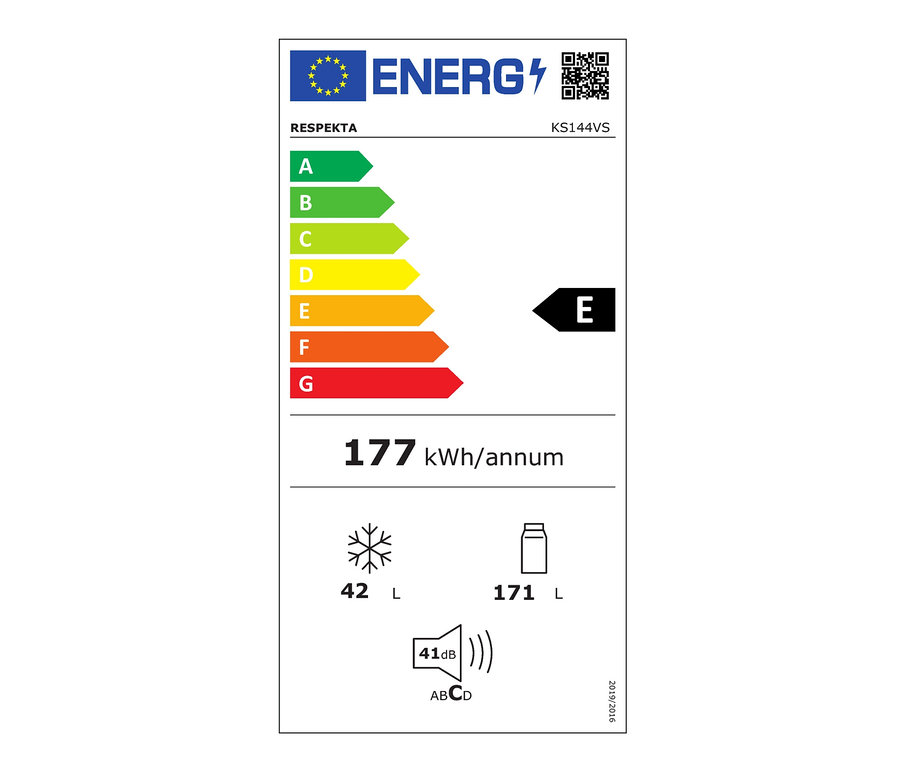 Respekta Energieetikett mit der Energieeffizienzklasse E, einem jährlichen Verbrauch von 177 kWh und einem Gefriervolumen von 42 l und einem Kühlvolumen von 171 l.