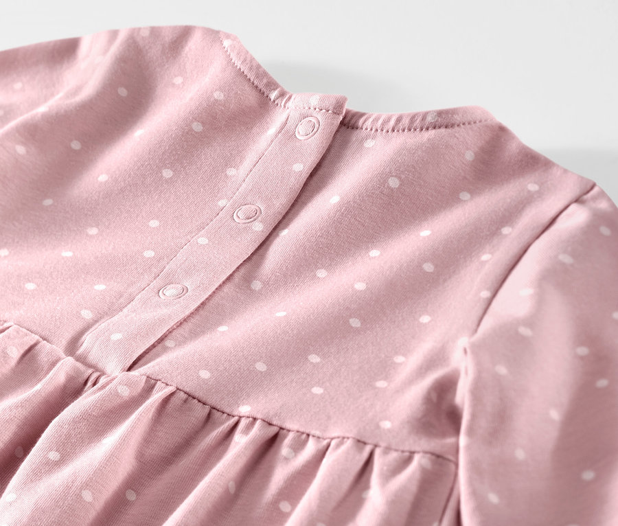 Detailansicht eines rosa Baby-Jerseykleids mit weißen Punkten und Knopfverschluss.