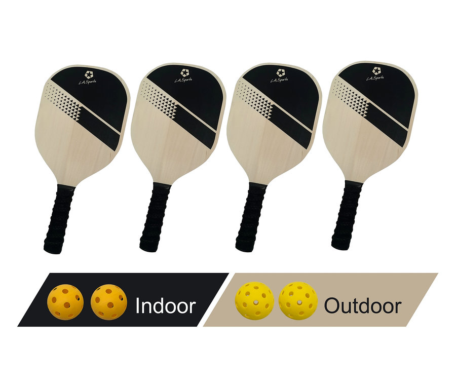 Vier L.A. Sports Paddle-/Pickleball-Set Schläger und Bälle für drinnen und draußen.