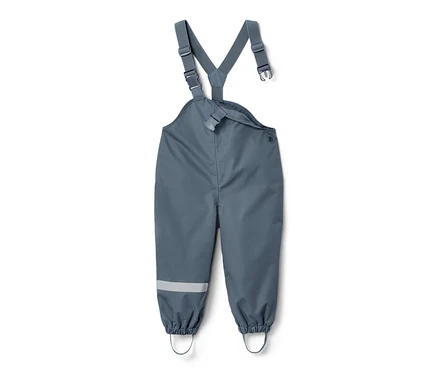Blaue Kleinkinder-Regenhose mit Latz und reflektierendem Streifen am Bein.