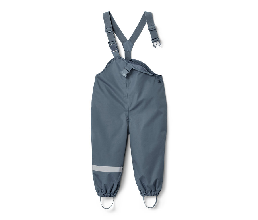 Blaue Kleinkinder-Regenhose mit Latz und reflektierendem Streifen am Bein.