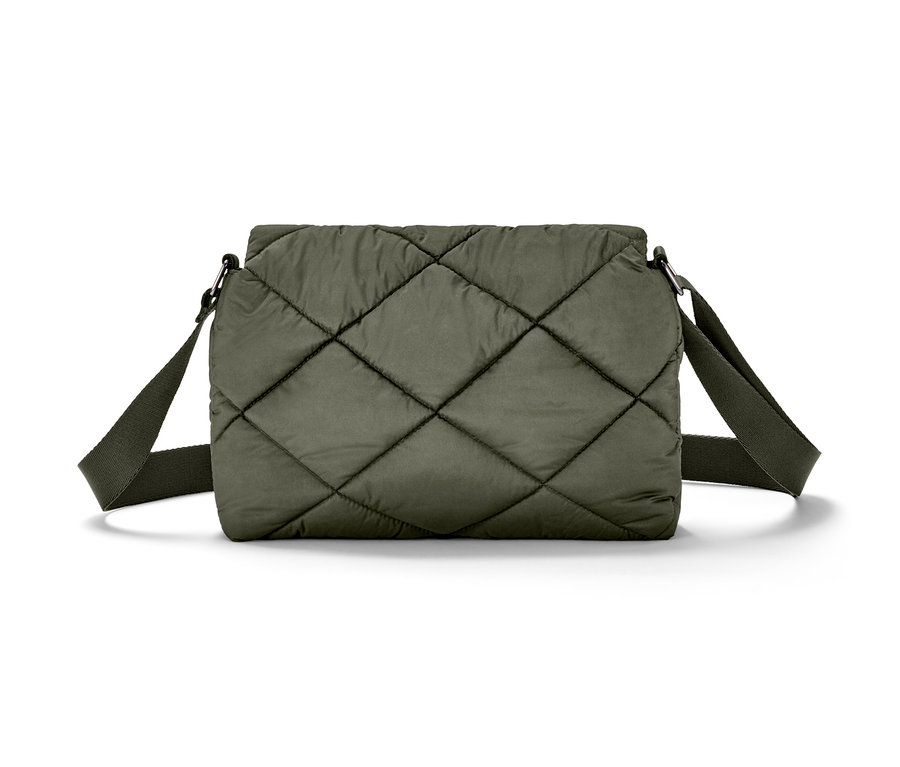 Eine gesteppte olivgrüne Umhängetasche.