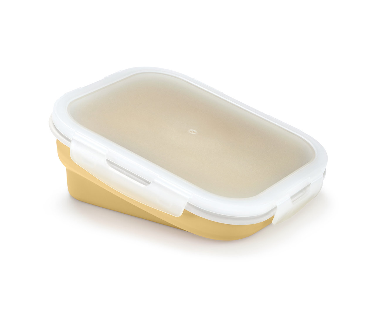 Gelbe, faltbare Frischhaltedose mit transparentem Deckel.