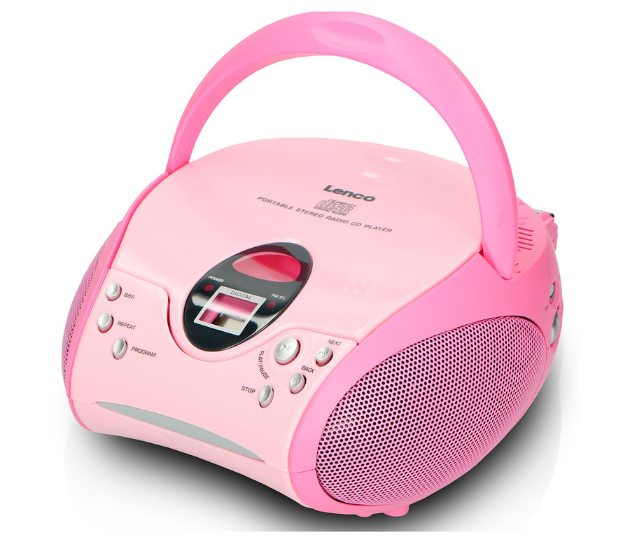 Pinkfarbener Lenco SCD-24 Boombox CD-Player mit Radio und Kopfhöreranschluss.