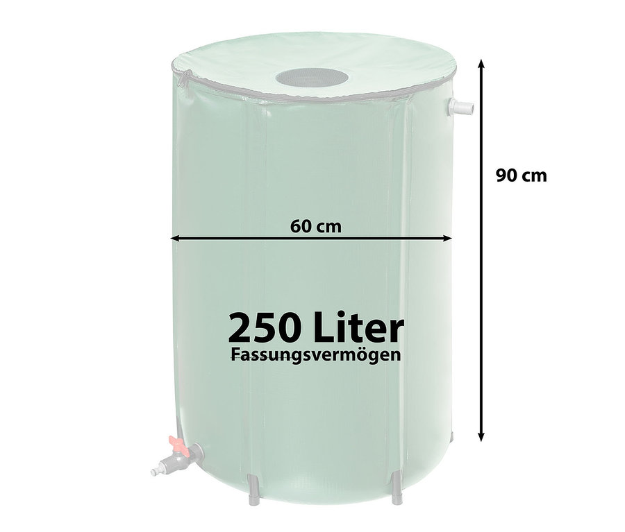 Abbildung einer faltbaren Regentonne, ca. 250 l Fassungsvermögen.