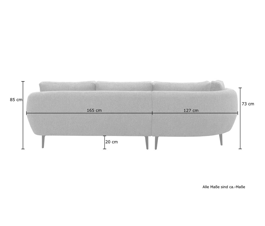 Abmessungen des grauen Loungesofas »Toledo« von Domo collection: 85 cm hoch, 73 cm tief, 165 cm und 127 cm lang, 20 cm Beinhöhe.