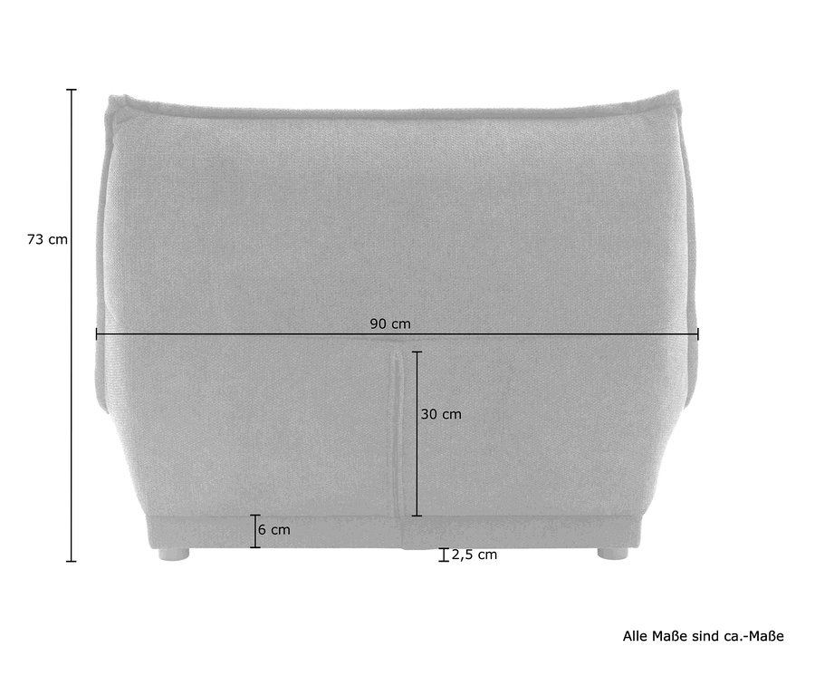 Abmessungen des grauen Sessels: 73 cm hoch, 90 cm breit, 6 cm Beinhöhe, 30 cm Sitztiefe, 2,5 cm Beinbreite.