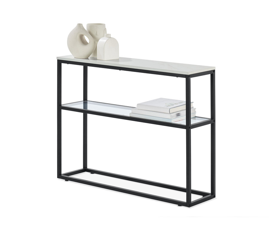 Schwarze Konsole in Marmoroptik mit zwei Ablagen, auf der oberen Ablage stehen drei Vasen und auf der unteren Ablage Bücher.