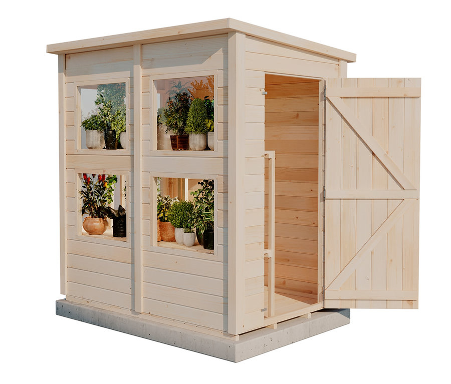 Offenes Gartenhaus aus Holz mit Fensterfront, 12 mm, in den Fenstern stehen Topfpflanzen.