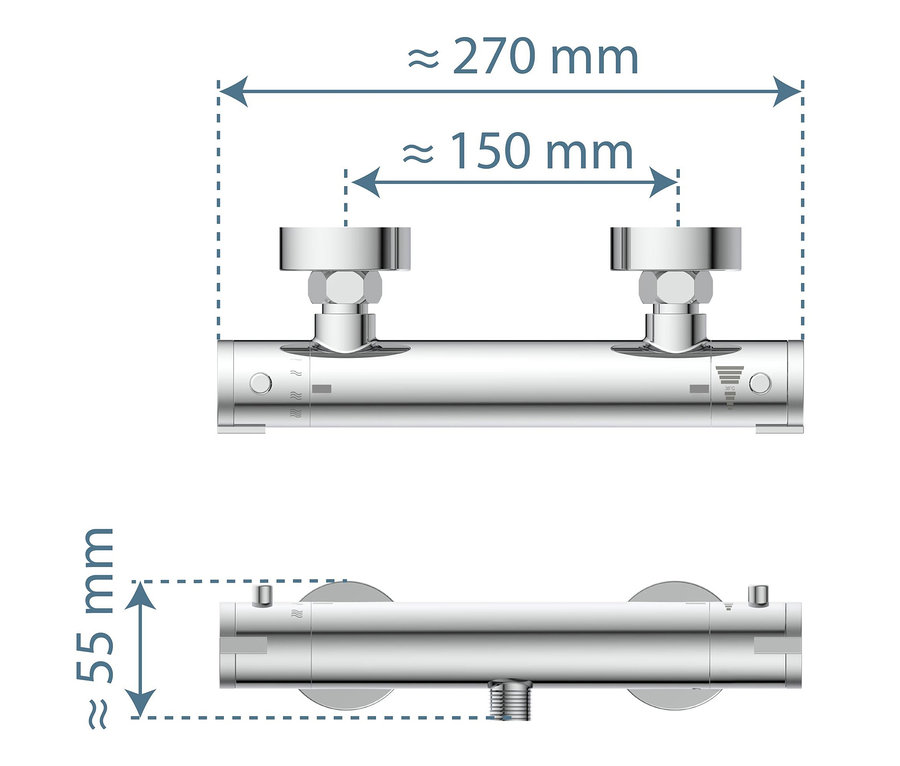 Verchromte Thermostat-Duscharmatur »LONDON« mit Maßangaben.