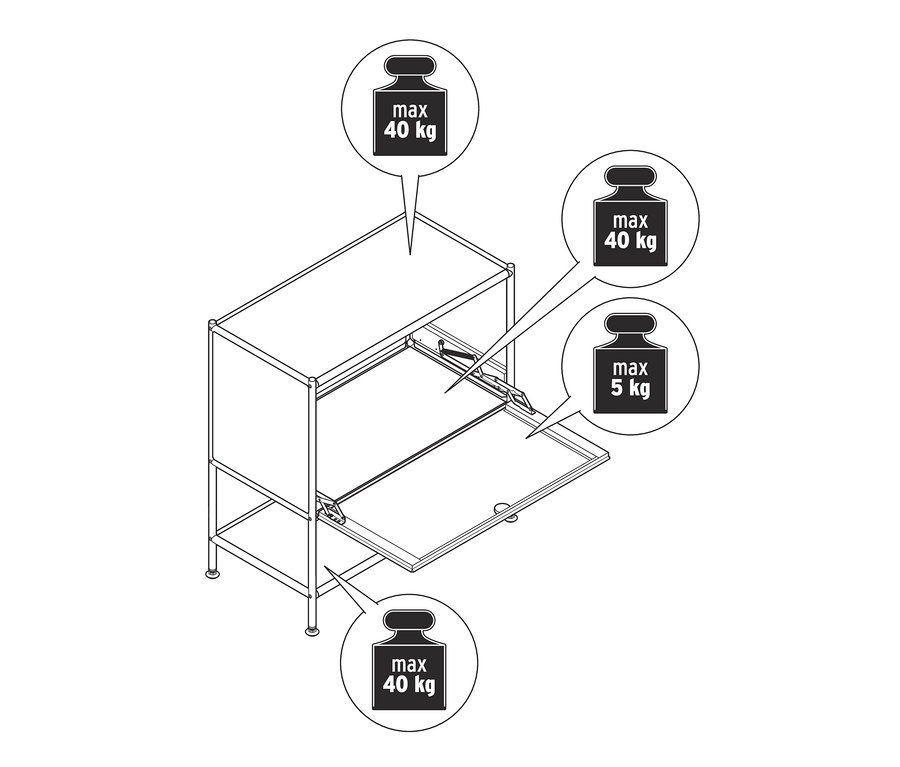 Zeichnung eines beigen Sideboards Metall »CN3« mit Klappe.