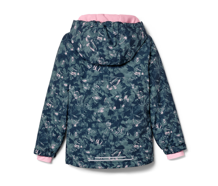 Detailansicht einer Kinder-Skijacke mit Kapuze und Blattmuster.