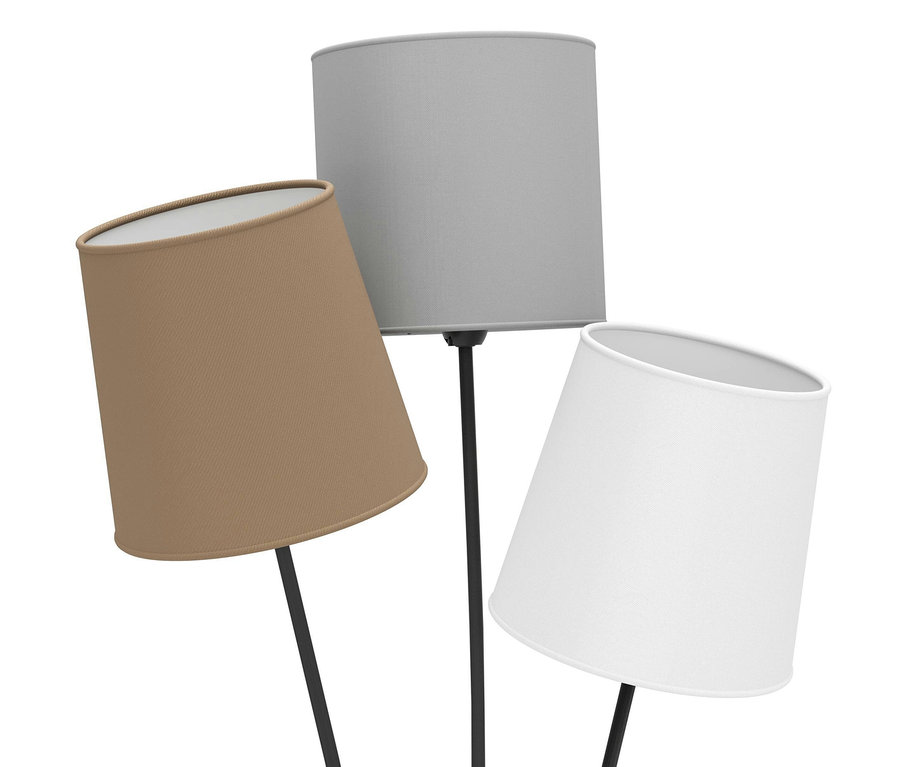 Detail von drei Lampen mit beige, grauem und weißem Lampenschirm und schwarzen Stielen. Eglo-Stehleuchte »Maronda«.