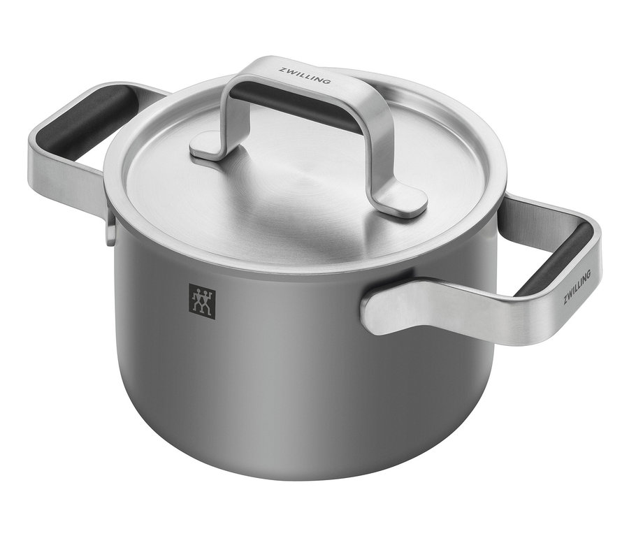 Detailansicht eines grauen, fünfteiligen ZWILLING PURE Edelstahl-Kochgeschirr-Sets mit Deckel.