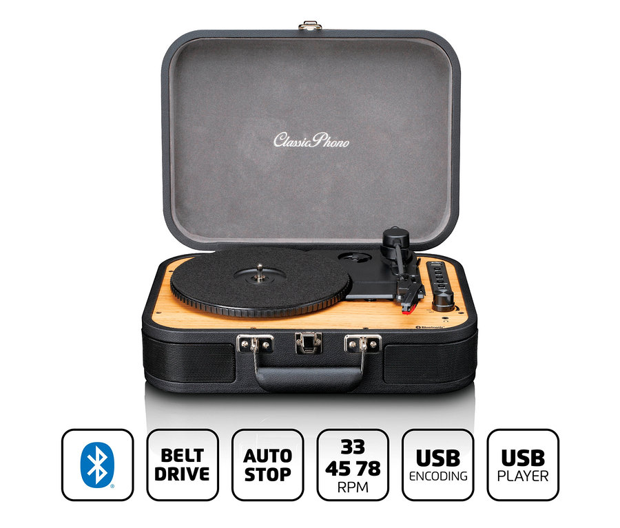 Offener schwarzer Lenco TT-116 Plattenspieler im Koffer.