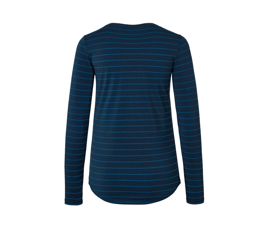 Rückansicht des Langarm-Sportshirts mit dunkelblauen und blauen horizontalen Streifen.