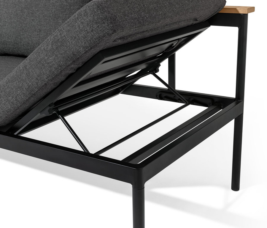 Detailansicht der 2-in-1-Dining-Bank-Liege »Elin« mit aufgeklappter Sitzfläche.