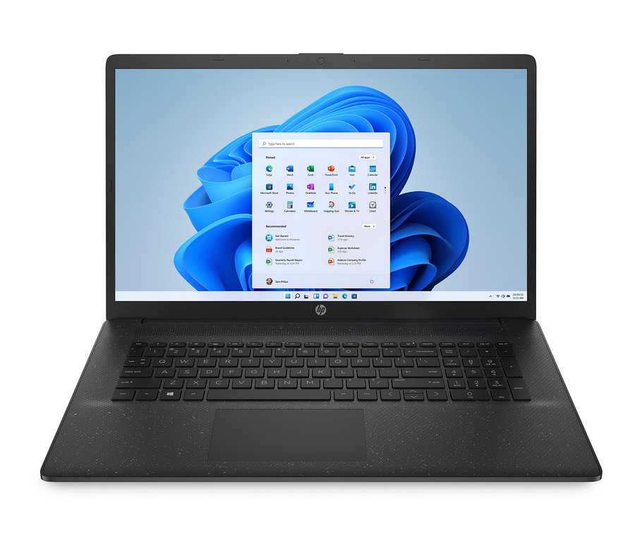 Ein schwarzes HP 17-cn0430ng Notebook von vorne, mit geöffnetem Windows-Fenster.