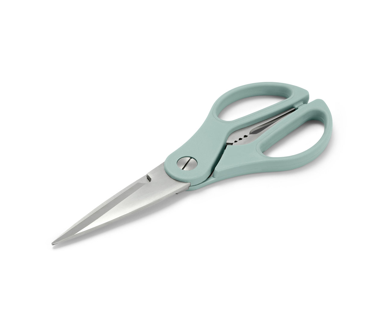 Nahaufnahme einer Küchen- und Kräuterschere mit blaugrünen Griffen auf weißem Hintergrund.