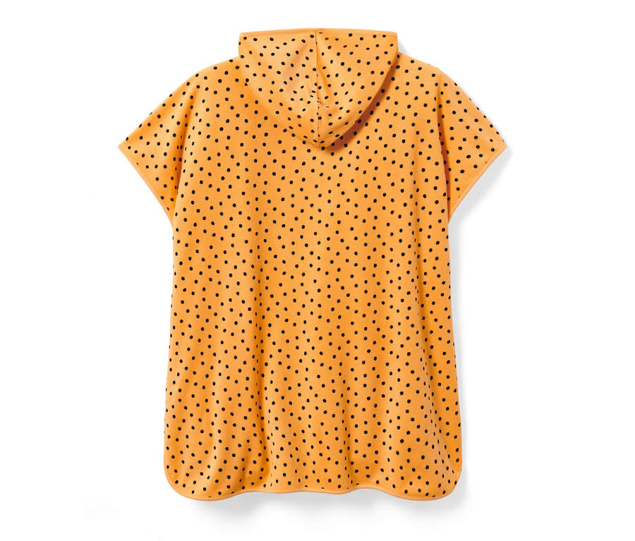 Rückansicht von Kleinkind-Frottierponcho, orange mit schwarzen Punkten.