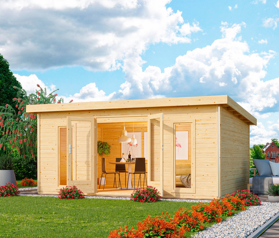 Außenansicht des Karibu Premium-Gartenhauses, 38 mm (Altona 3), natur, mit geöffneten Türen.