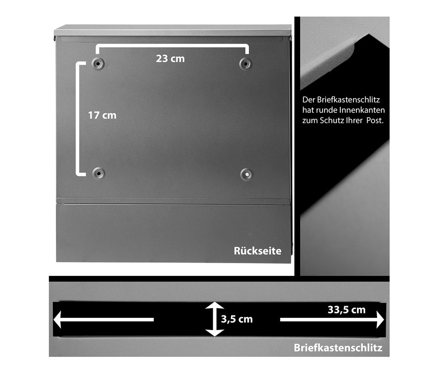 Detailansicht der Rückseite eines Briefkastens mit Abmessungen und Briefschlitz.