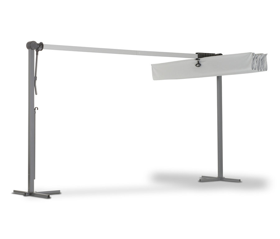 Silberner Leco Sonnendach, 400 x 250 cm, hellgrau, auf weißem Hintergrund.