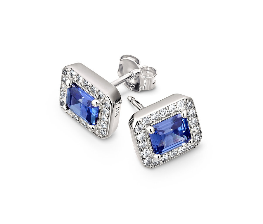 Zwei 925 Silber Ohrstecker Royal Blue mit rechteckigem, blauem Stein und klaren Zirkonen.