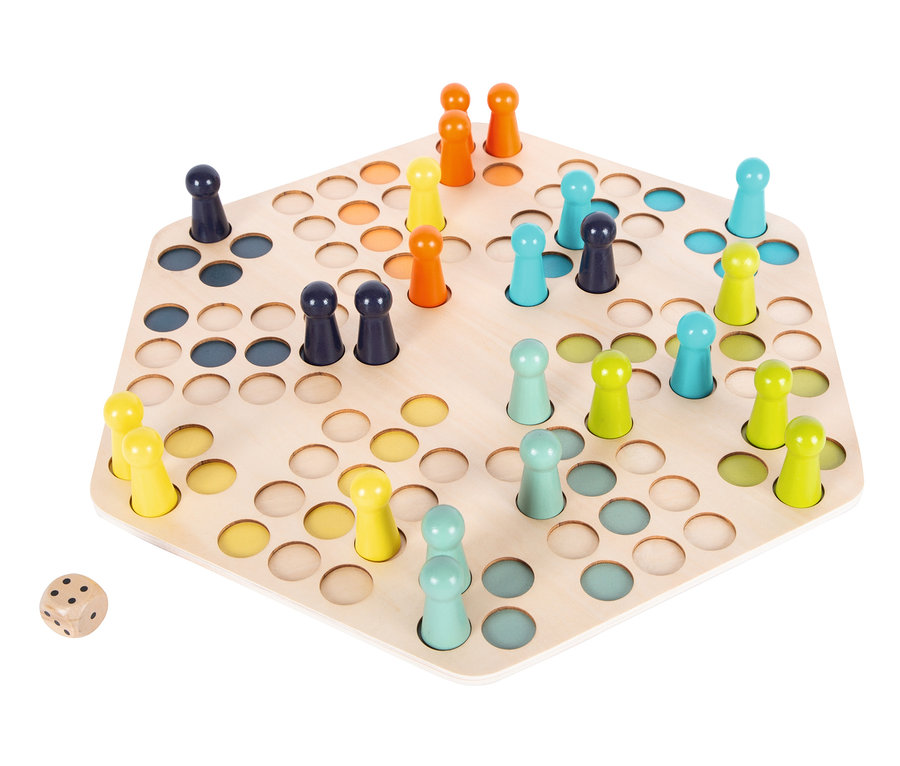 Ein hölzernes Brettspiel mit farbigen Stiften und einem Würfel. small foot »Ludo« für 6 Spieler