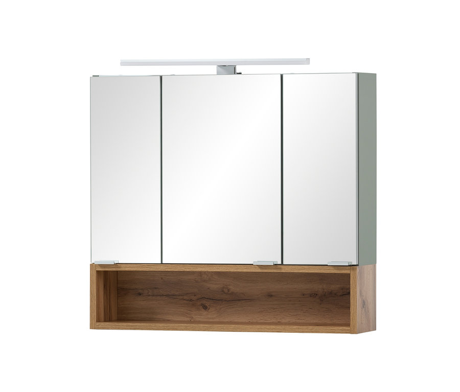 Ein geschlossener Spiegelschrank »Smilla« mit drei Spiegeln und einem Holzregal.