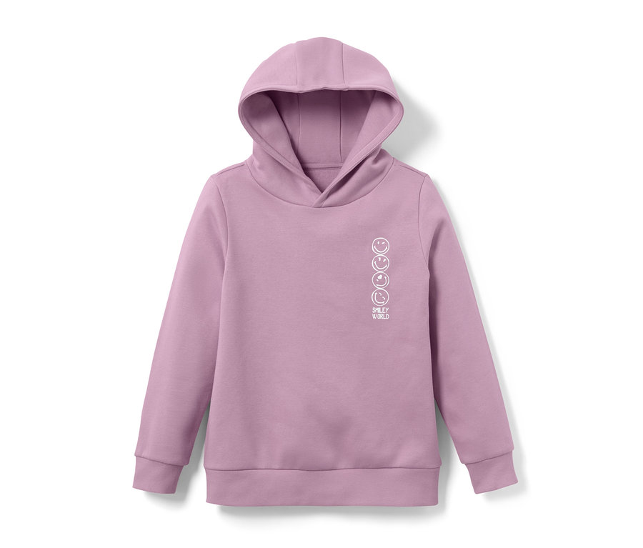 Ein lila Kinder-Sweat-Hoodie »Smiley« mit weißem Aufdruck.