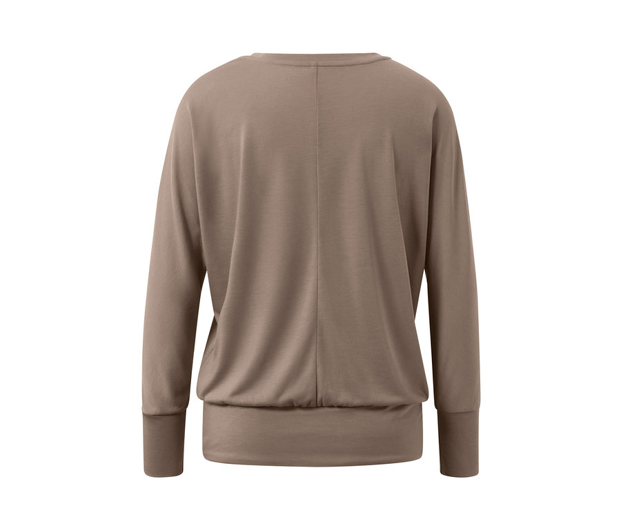 Sport-und-Yogashirt, taupefarben, von hinten.