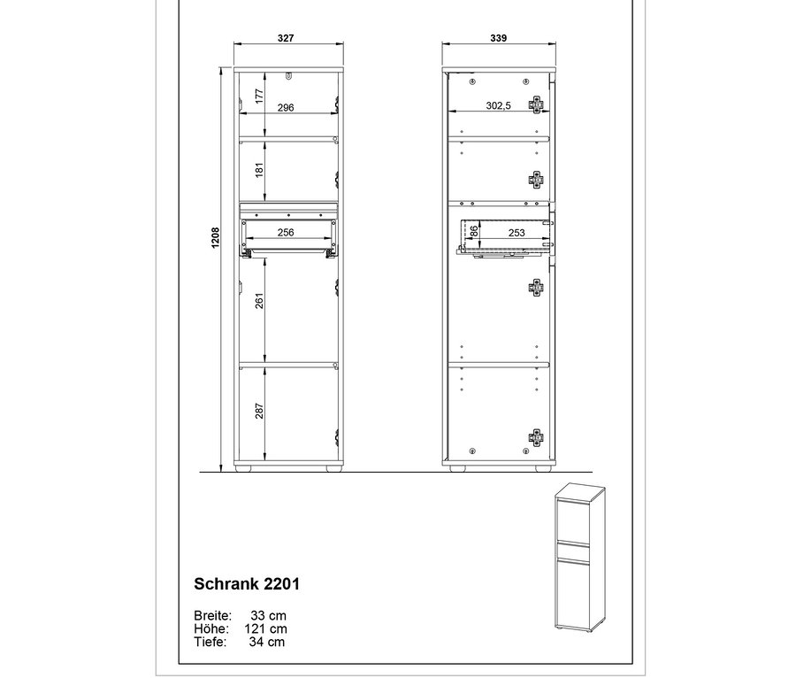 Technische Zeichnung von Badschrank »Lemont«, steingrau, mit Abmessungen.