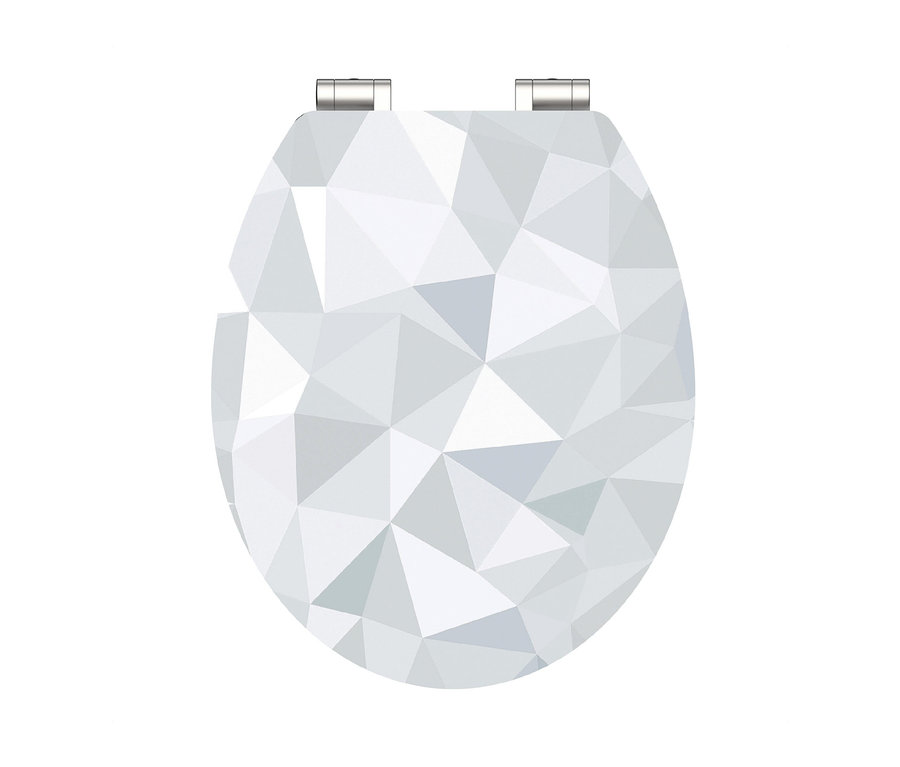 MDF WC-Sitz, High Gloss Geo mit geometrischem Muster in Weißtönen.