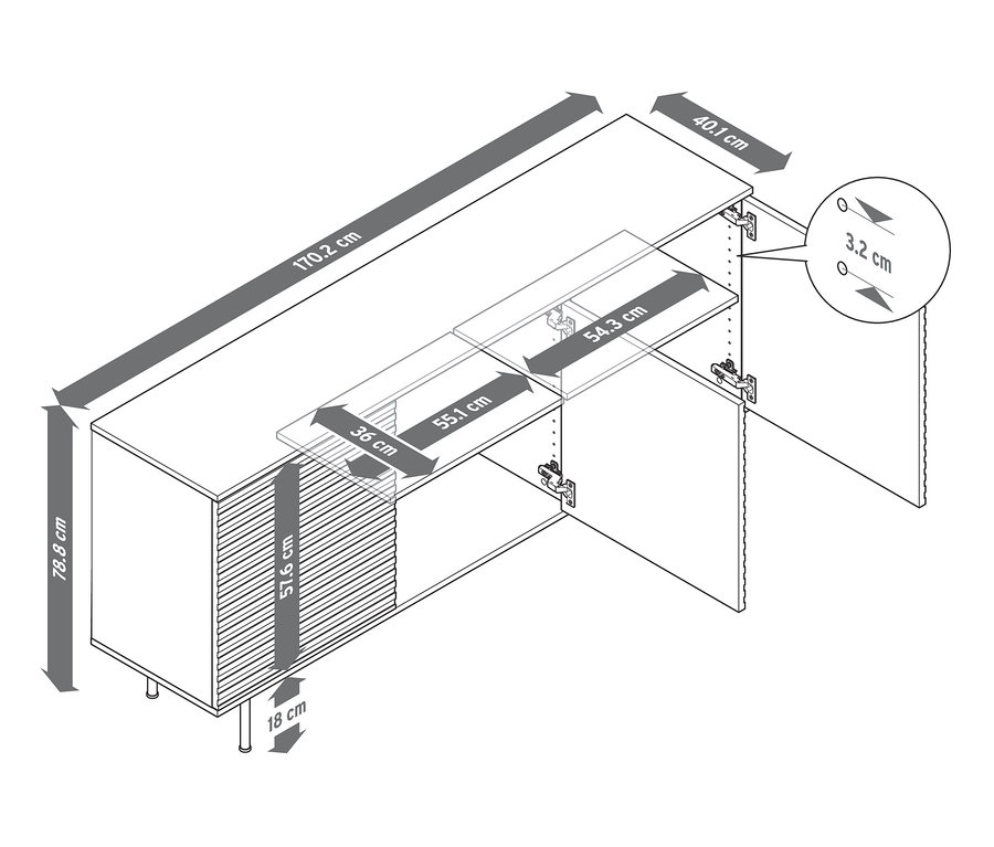 Die Zeichnung von Sideboard »Finnsbo« mit Lamellenoptik zeigt seine Abmessungen.