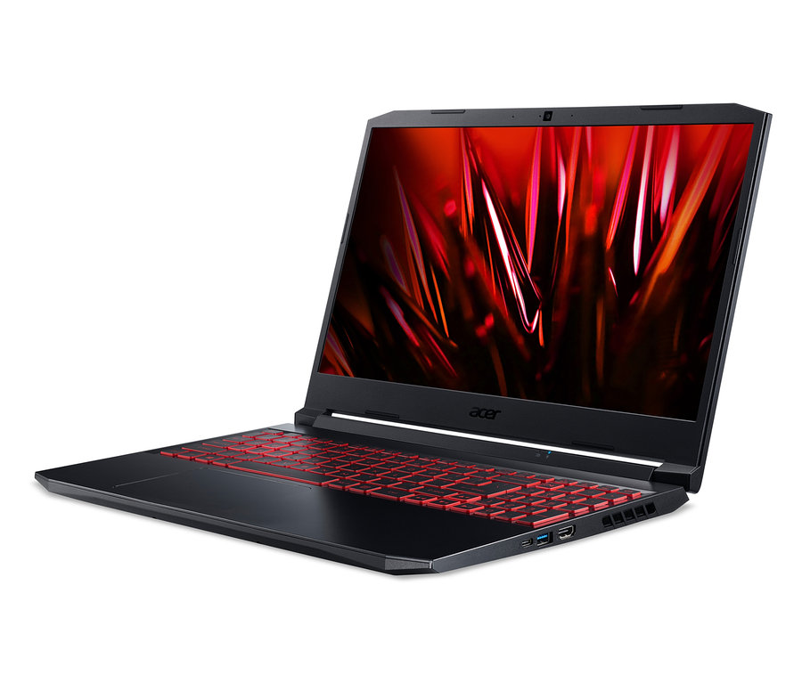 Schwarzes Acer Nitro 5 AN515-57-54LL Gaming-Notebook mit roter Tastatur und Bildschirm mit abstraktem rotem Motiv.