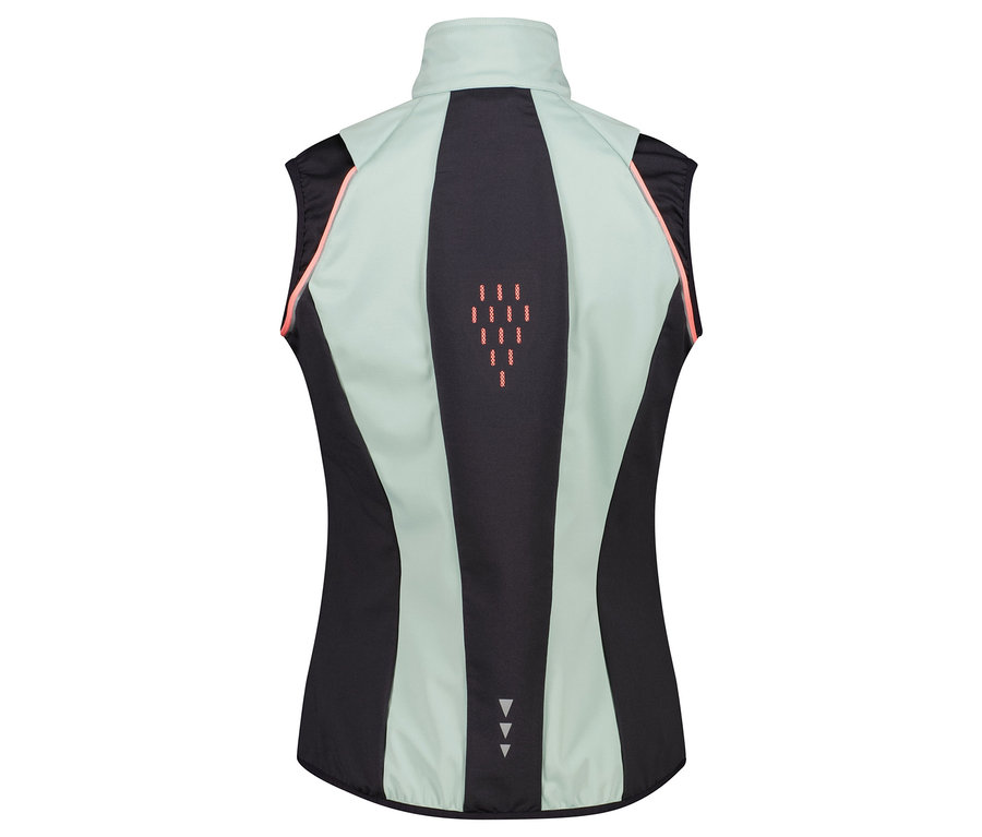 Rückansicht einer Sportweste mit schwarzen und hellgrünen Einsätzen und orangefarbenen Akzenten.