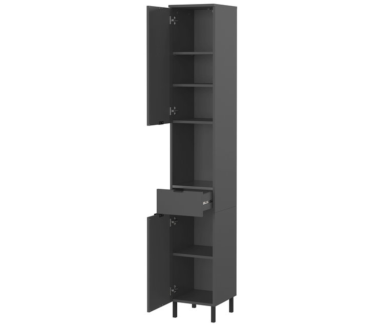 Ein graphitfarbener Hochschrank "Arcena" mit offener Oberseite, Schublade und offener Unterseite.
