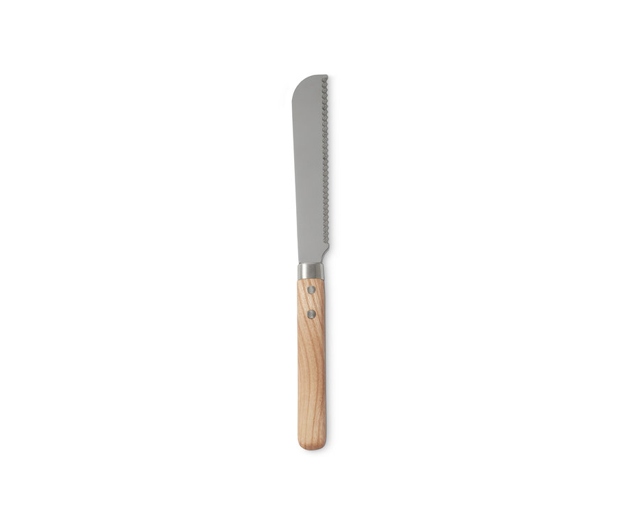 Detailaufnahme eines einzelnen Frühstücksmessers mit Holzgriff.