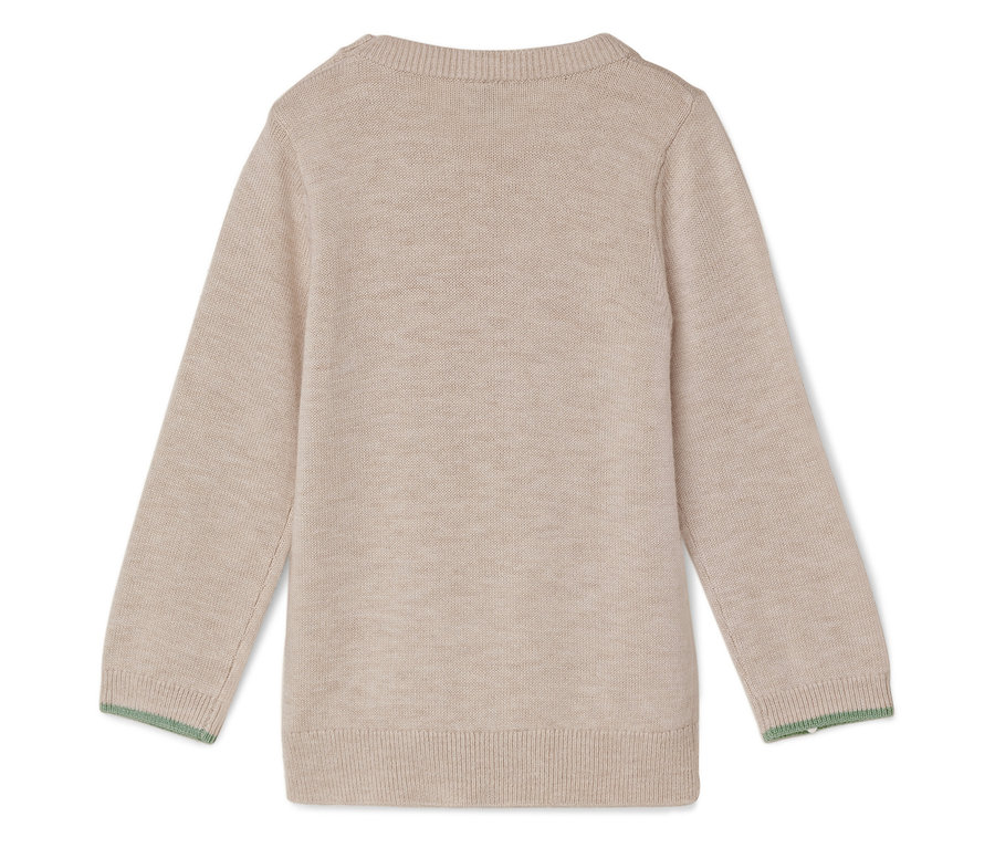 Detailaufnahme eines beigen Pullovers mit langen Ärmeln und grünem Saum.