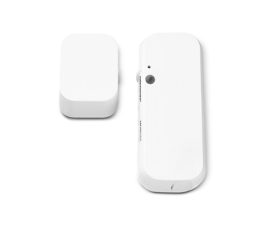 Zwei weiße MEDION P85803 Sensoren auf weißem Hintergrund.