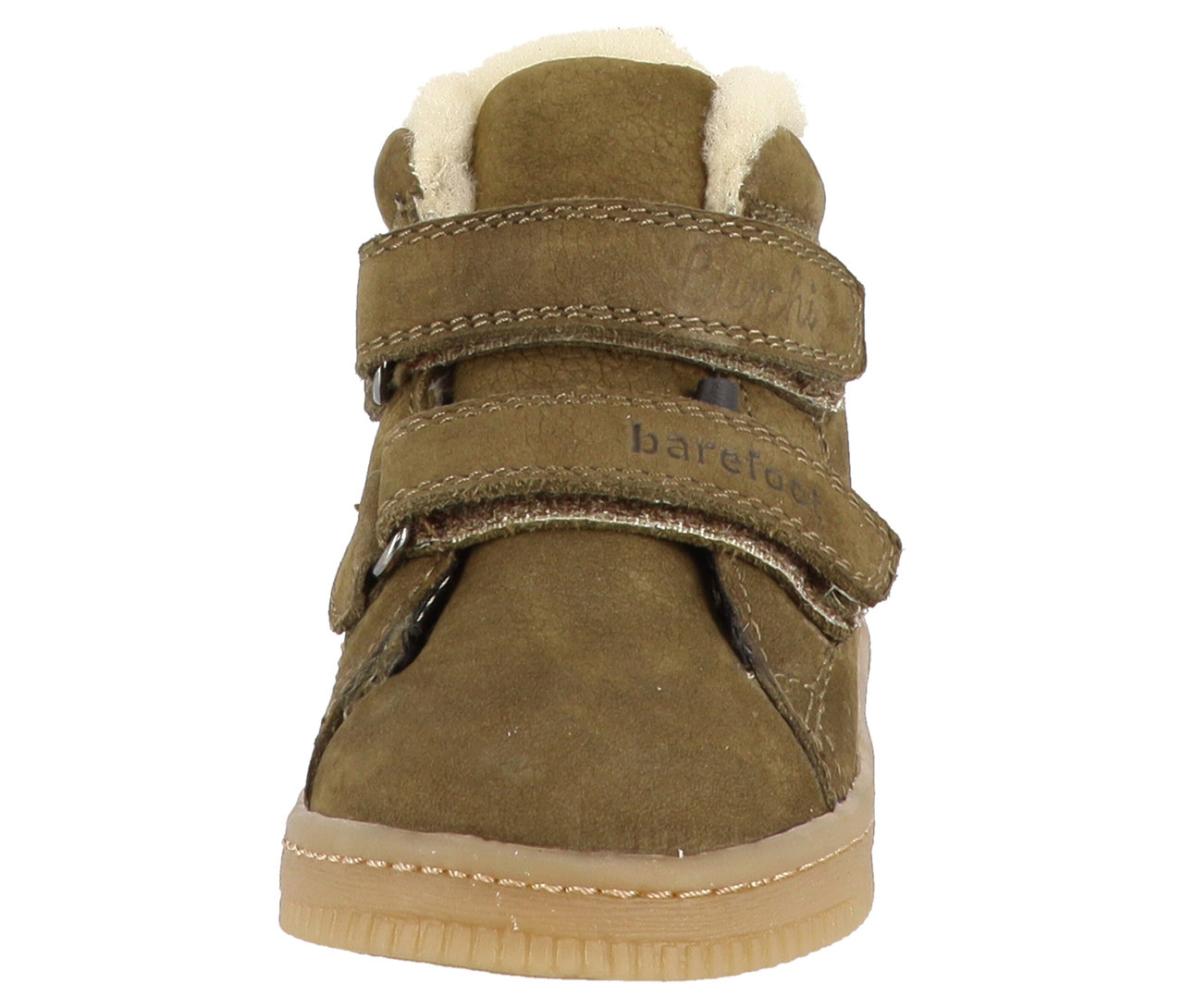 Ein olivfarbener LURCHI »Felix Barefoot-TEX« Stiefel mit weißem Fellfutter.