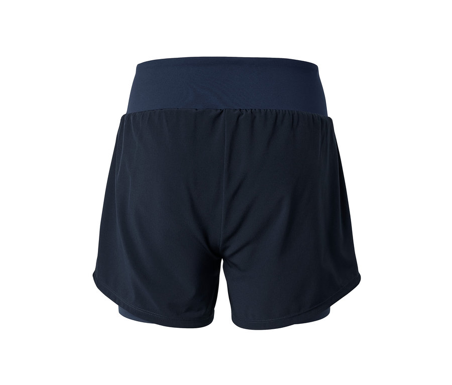 Detailaufnahme der Rückseite von dunkelblauen 2-in-1-Laufshorts.