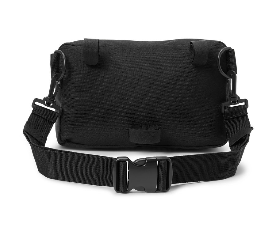 Schwarze 2-in-1-Lenkertasche mit Riemen.