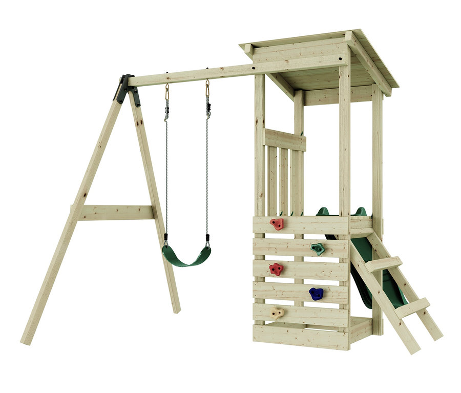 Ein hölzerner Spielturm mit Schaukel, Rutsche und Kletterwand. Im Fokus steht der weka Spielturm »Lyon«.