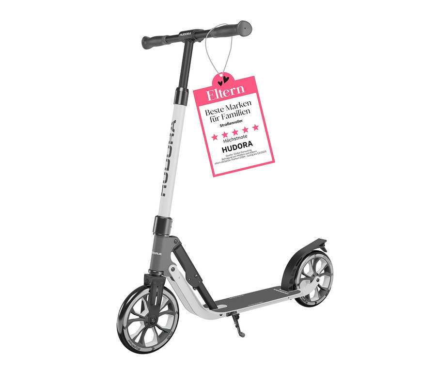Ein grau-weißer HUDORA Scooter»BigWheel® 205« advanced vor einem weißen Hintergrund.