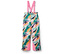 Skihose mit Trägern mit abstraktem, mehrfarbigem Druck und pinkfarbenen Details.