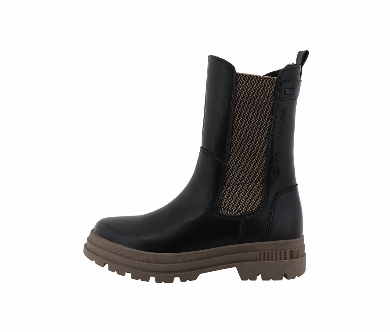 Ein schwarzer Tom Tailor Lederstiefel auf weißem Hintergrund.