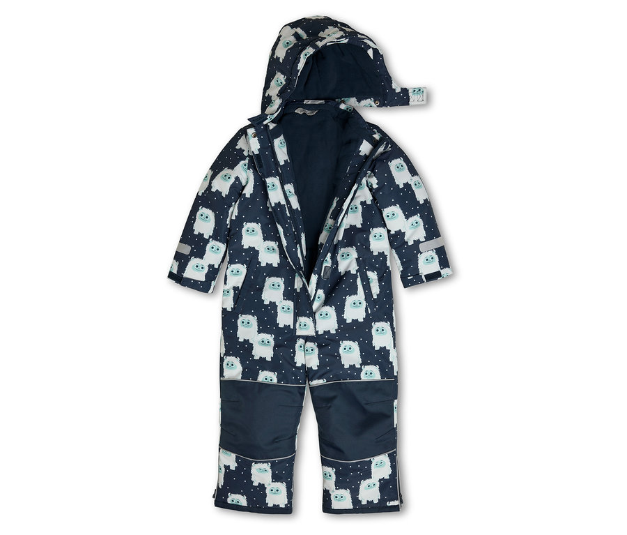 Kinder-Schneeanzug, Yeti, mit durchgehendem Reißverschluss und Yeti-Muster.