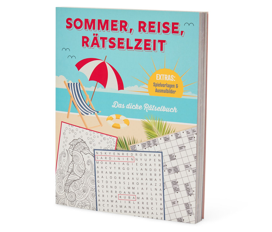 Ein Buch mit dem Titel "Sommer, Reise, Rätselzeit" zeigt einen Strand mit einem Liegestuhl, einem Sonnenschirm und einem Rettungsring.